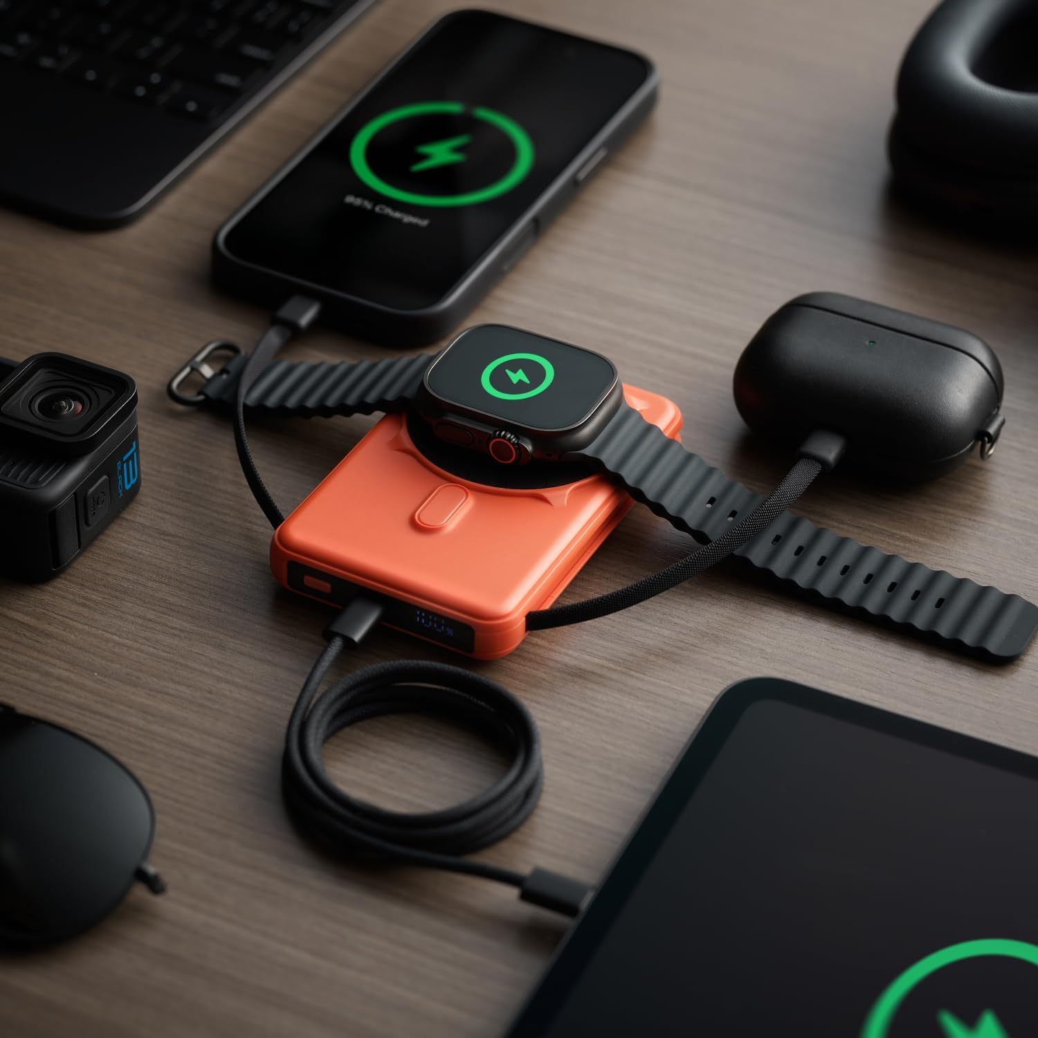 RIDGE Magnetic Power Bank Battery Pack 10,000mAh - Fast Charging, Compatible with MagSafe - Portable Charger Powerbank - with Built in Cables, Wireless Charging & Magnetic Attachment (Basecamp Orange) - Image 9